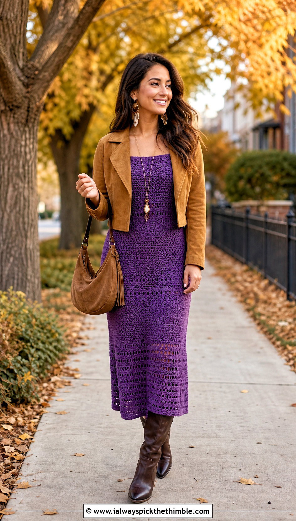 Off Shoulder Crochet Dress With Suede Jacket - 20 boho crochet dress outfit ideas