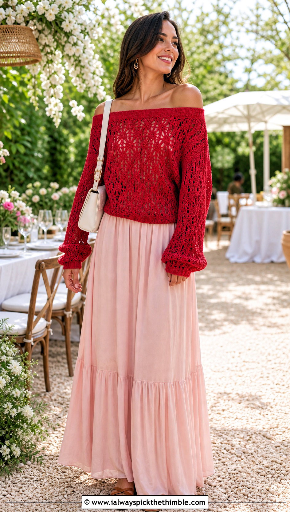 Off Shoulder Crochet Drop Shoulder Sweater With Maxi Skirt - 20 crochet drop shoulder sweater outfit ideas