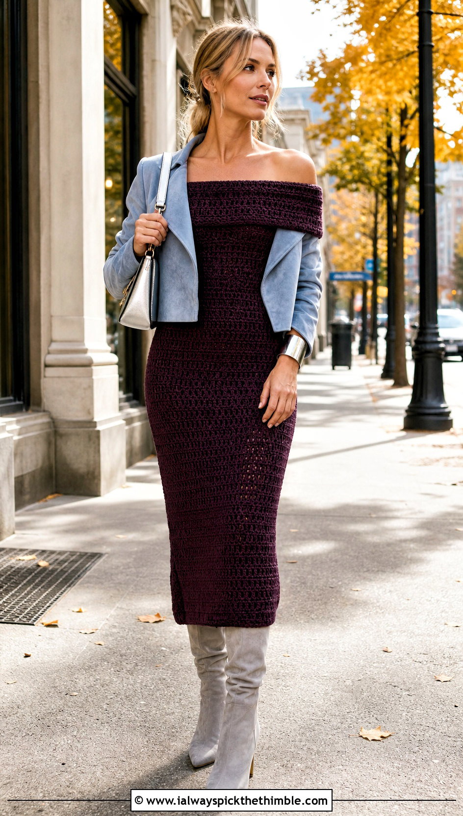 Off Shoulder Crochet Elsa Dress With Knee High Boots - 20 crochet elsa dress outfit ideas