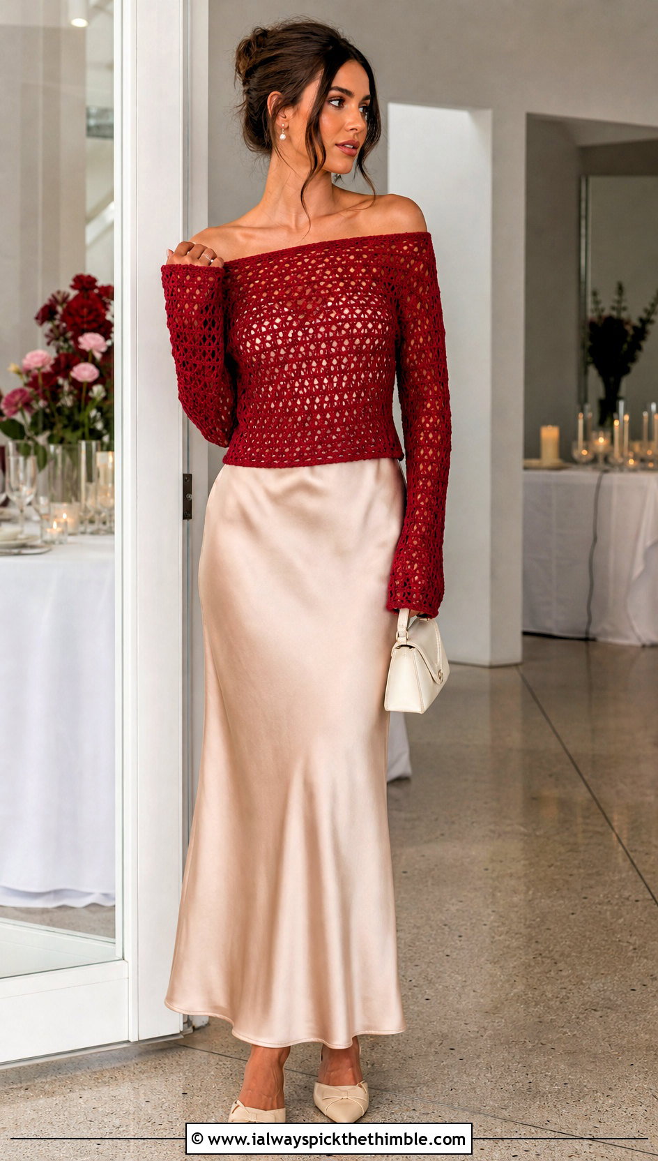 Off Shoulder Crochet Fitted Sweater With Slip Dress - 20 crochet fitted sweater outfit ideas