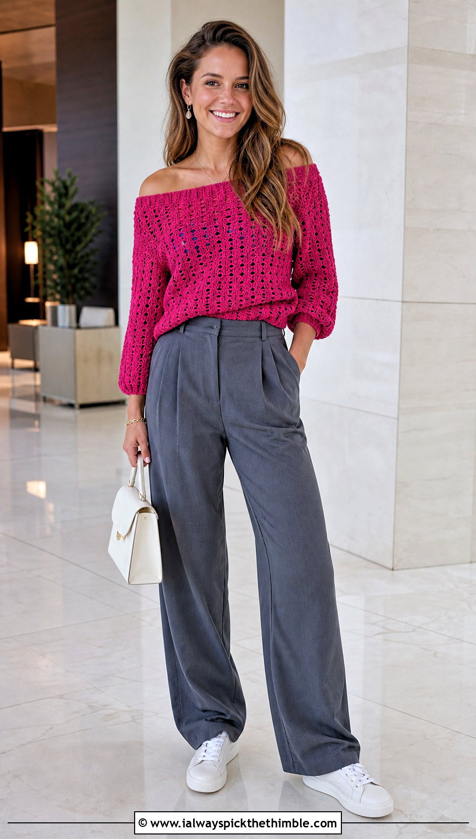 Off Shoulder Crochet Game Day Top With Pleated Trousers - 20 Crochet Game Day Top outfit ideas