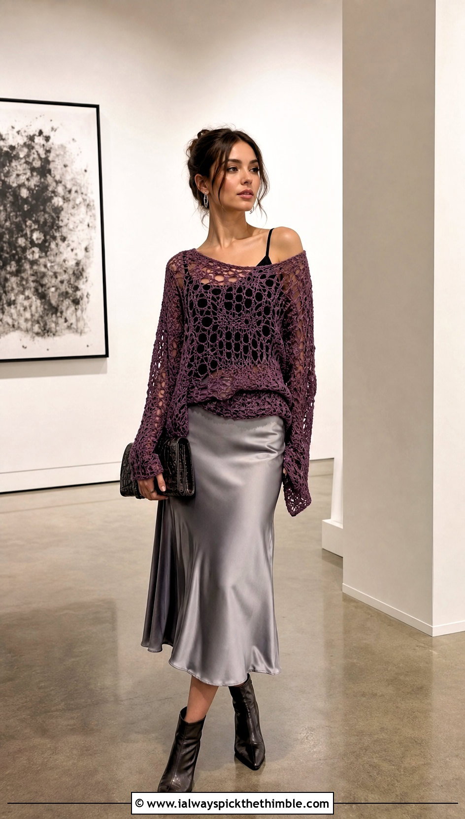 Off Shoulder Crochet Grunge Sweater With Satin Midi Skirt - 20 crochet grunge sweater outfit ideas