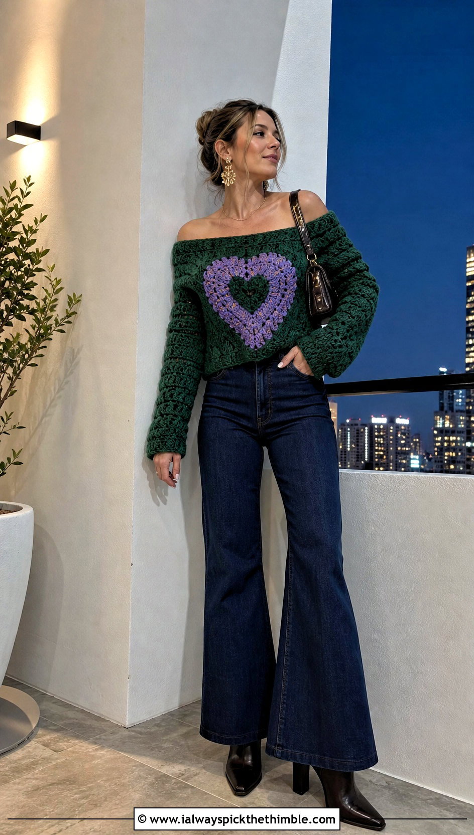 Off Shoulder Crochet Heart Sweater With Flare Jeans - 25 crochet heart sweater outfit ideas