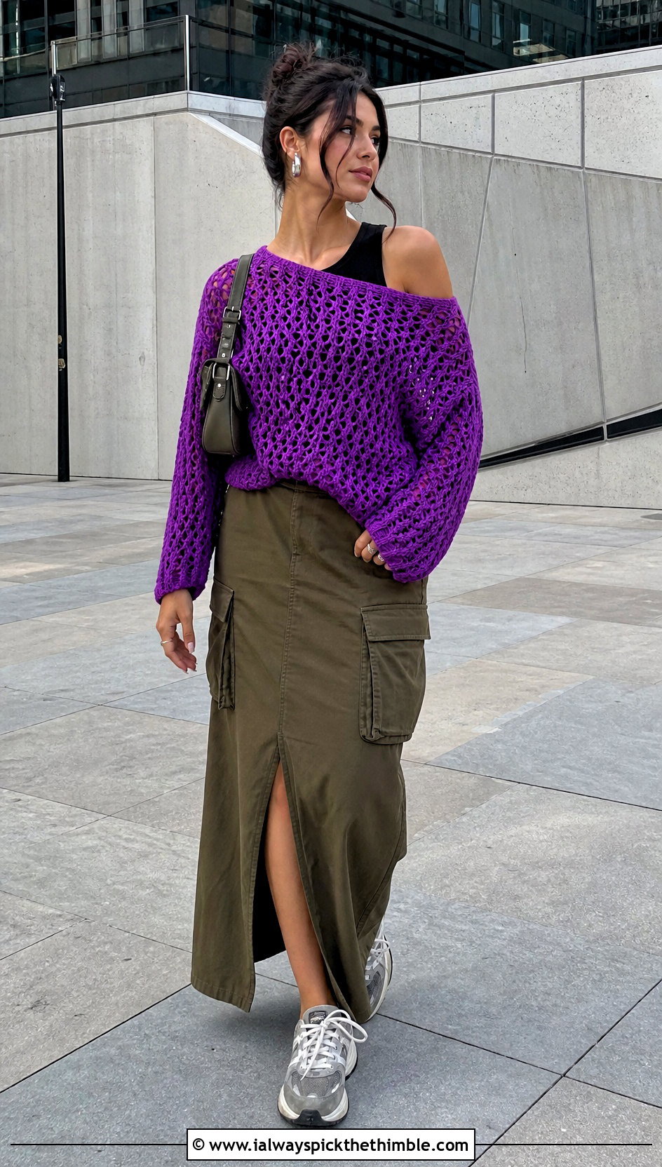 Off Shoulder Crochet Jumper With Cargo Maxi Skirt - 20 oversized crochet jumper outfit ideas