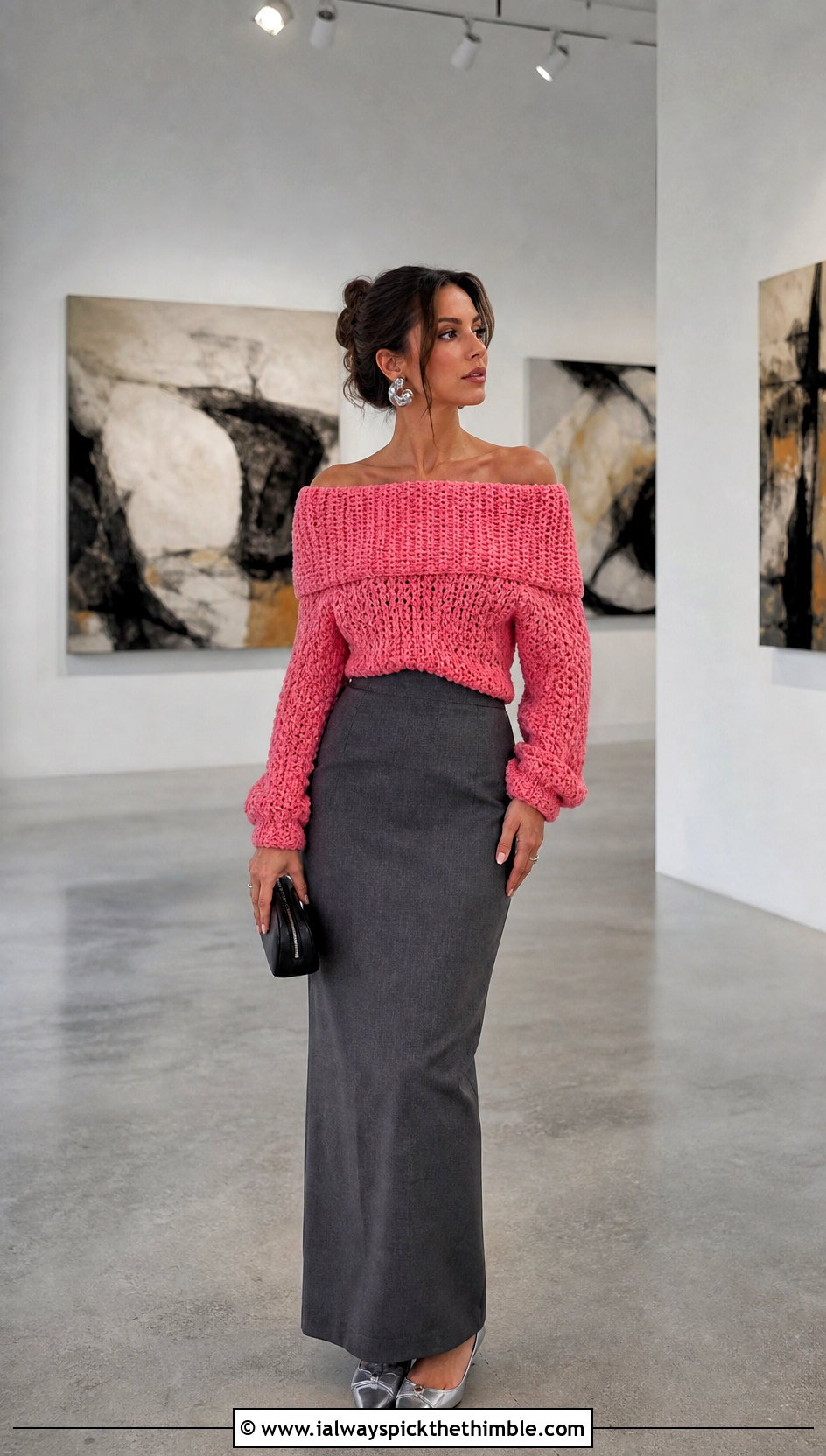Off Shoulder Crochet Knit Sweater With Tailored Maxi Skirt - 25 Crochet Knit Sweater outfit ideas