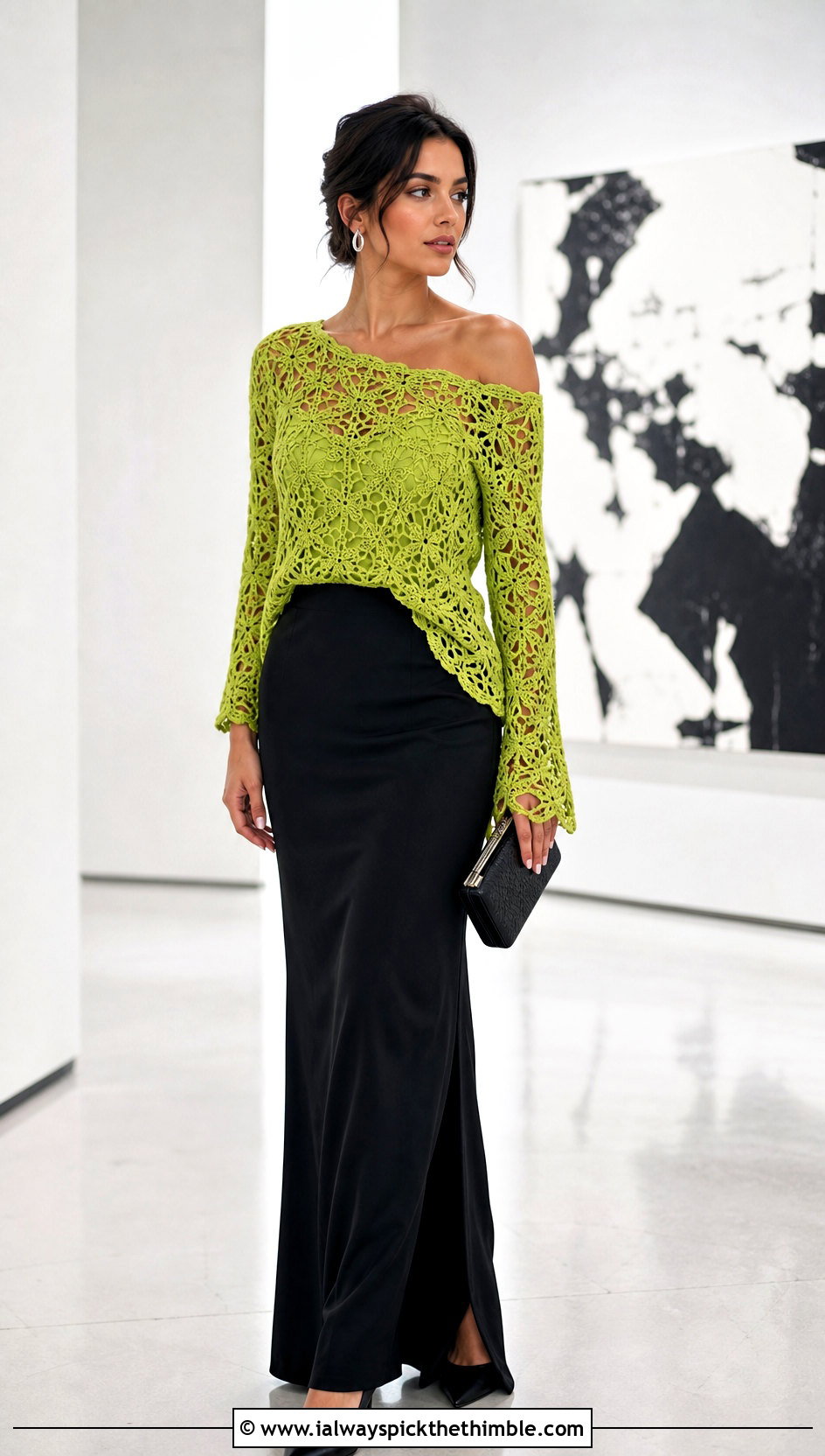 Off Shoulder Crochet Lace Sweater With Tailored Maxi Skirt - 25 crochet lace sweater outfit ideas