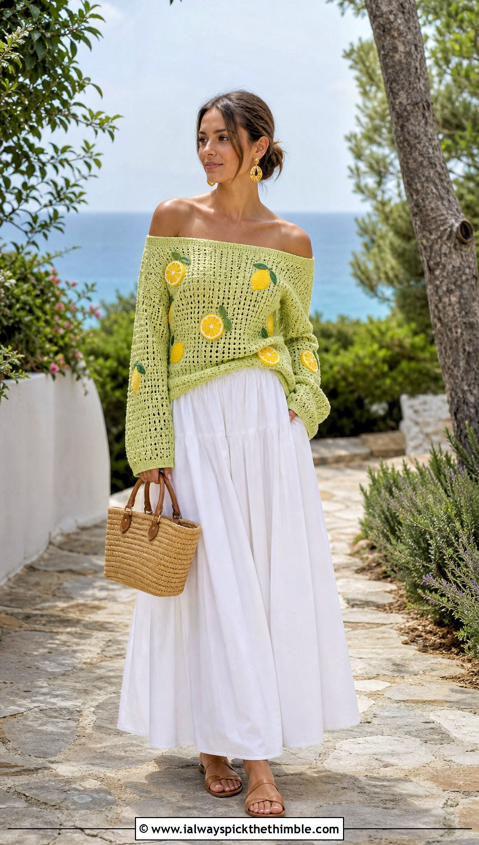 Off Shoulder Crochet Lemon Sweater With Maxi Skirt - 20 Crochet Lemon Sweater outfit ideas