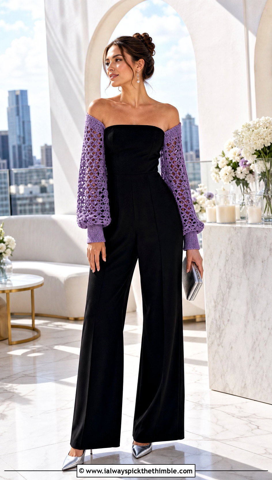 Off Shoulder Crochet Long Sleeve Shrug With Strapless Jumpsuit - 20 crochet long sleeve shrug outfit ideas