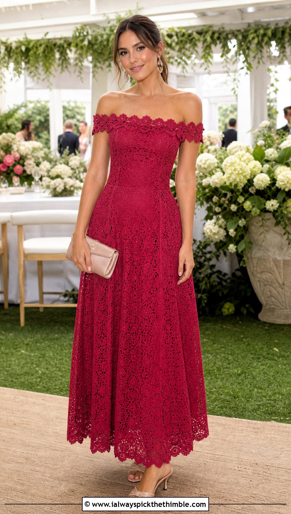 Off Shoulder Crochet Maxi Dress With Kitten Heels - 25 Long Crochet Dress outfit ideas
