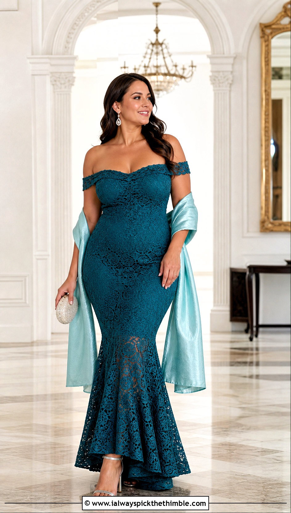 Off Shoulder Crochet Mermaid Dress With Satin Wrap - 25 crochet formal dress outfit ideas