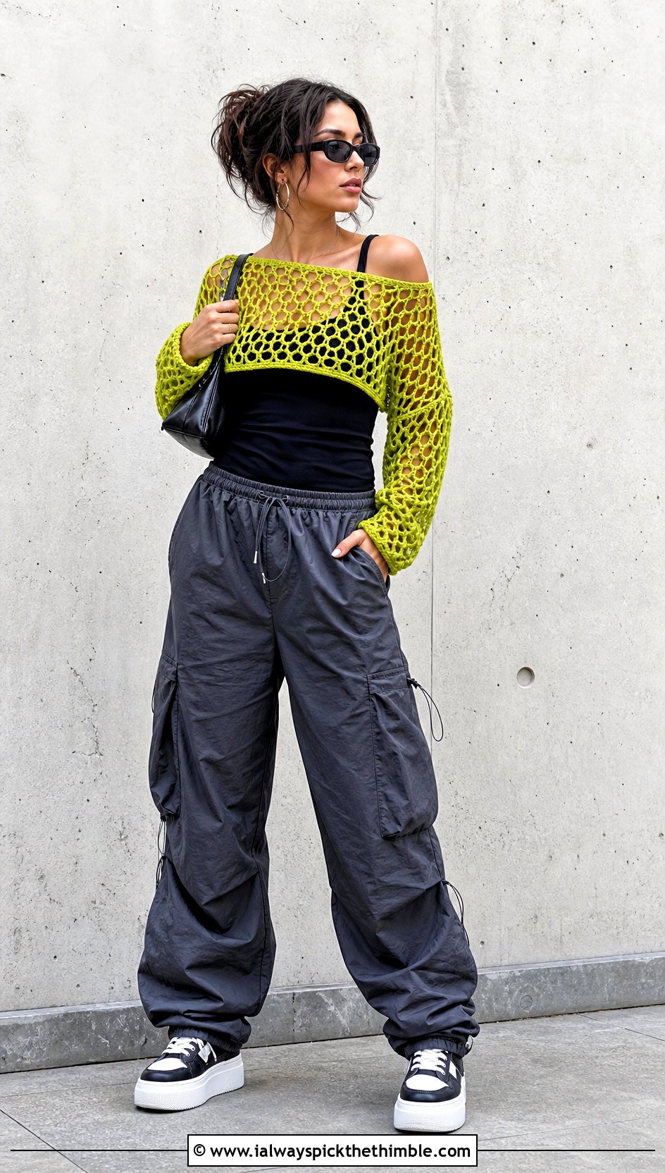 Off Shoulder Crochet Mesh Bolero With Parachute Pants - 20 Crochet Mesh Bolero outfit ideas