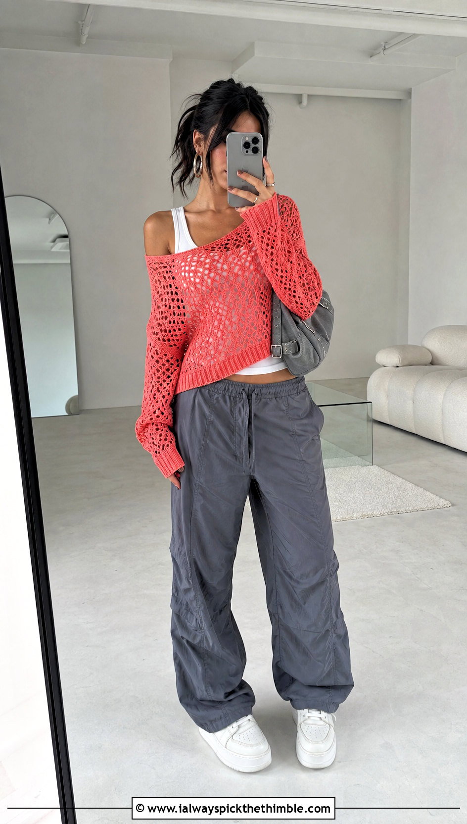 Off Shoulder Crochet Mesh Jumper With Parachute Pants - 20 crochet mesh jumper outfit ideas