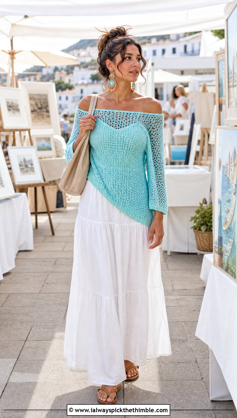 Off Shoulder Crochet Mesh Top With Maxi Skirt - 20 long sleeve crochet mesh top outfit ideas