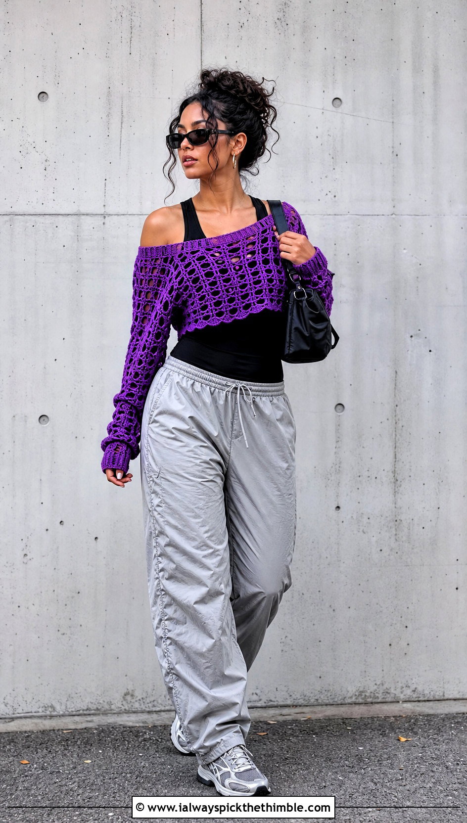 Off Shoulder Crochet Mini Sweater With Parachute Pants - 20 Mini Crochet Sweater outfit ideas