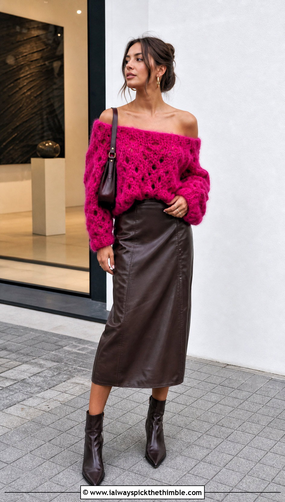 Off Shoulder Crochet Mohair Top With Leather Midi Skirt - 25 crochet mohair top outfit ideas