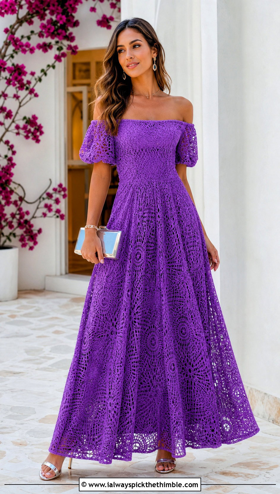 Off Shoulder Crochet Princess Maxi Dress With Metallic Sandals - 25 crochet princess dress outfit ideas