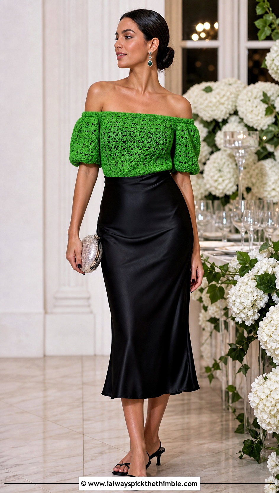 Off Shoulder Crochet Puff Sleeve Top With Satin Midi Skirt - 25 crochet puff sleeve top outfit ideas