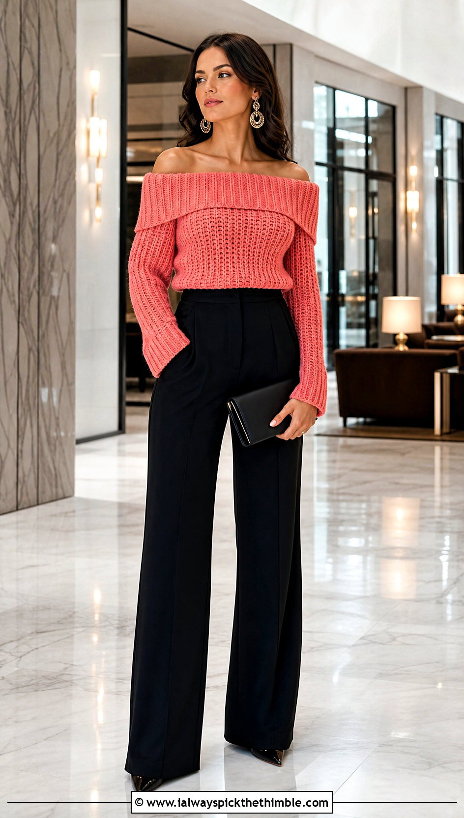 Off Shoulder Crochet Ribbed Sweater With Tailored Pants - 25 crochet ribbed sweater outfit ideas