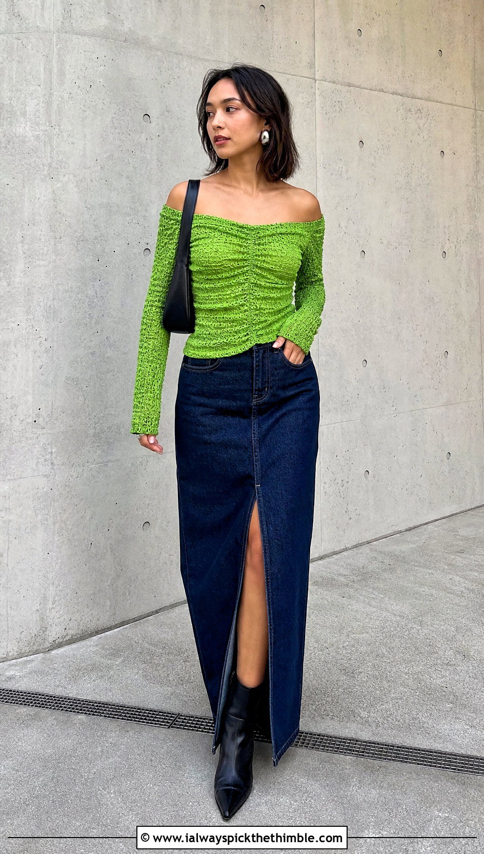Off Shoulder Crochet Ruched Top With Denim Maxi Skirt - 20 crochet ruched top outfit ideas