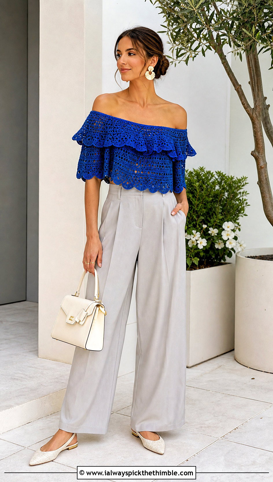 Off Shoulder Crochet Ruffle Top With Wide Leg Trousers - 25 crochet ruffle top outfit ideas