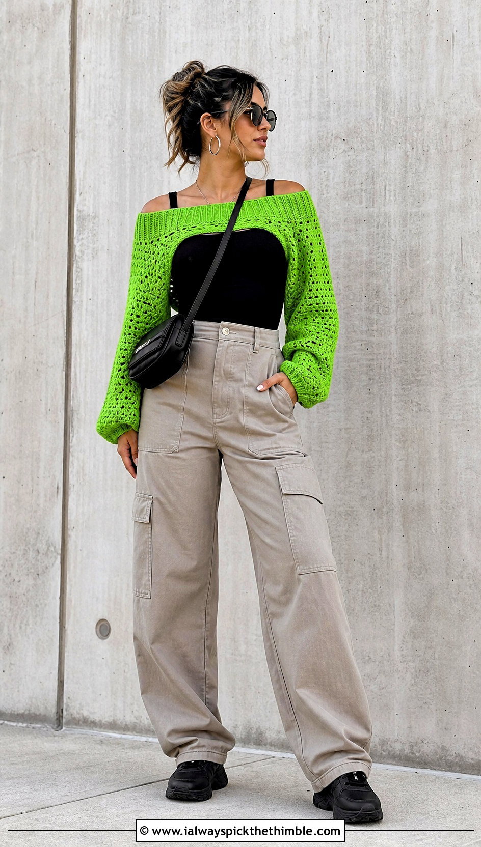 Off Shoulder Crochet Shrug With Cargo Pants - 25 crochet shrugs outfit ideas