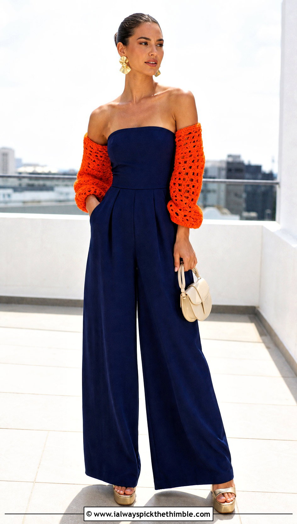 Off Shoulder Crochet Shrug With Strapless Jumpsuit - 25 crochet shrug outfit ideas