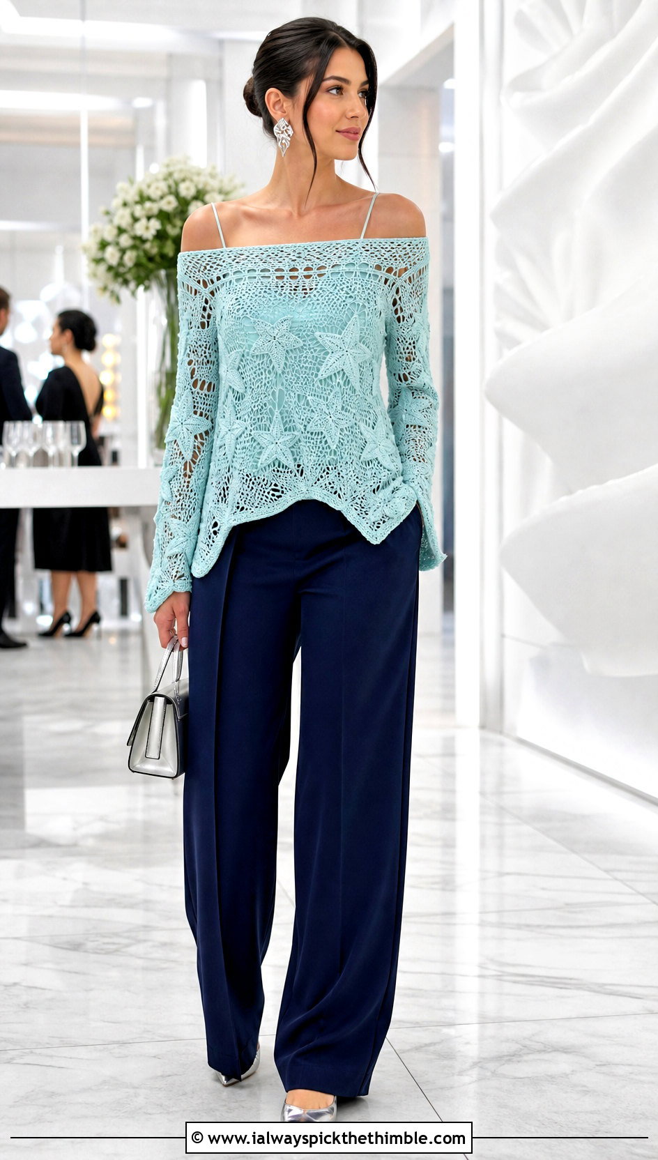 Off Shoulder Crochet Star Sweater With Fluid Trousers - 25 crochet star sweater outfit ideas