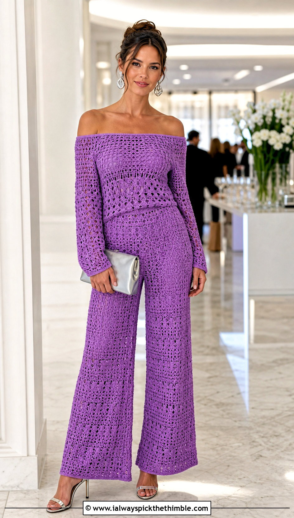 Off Shoulder Crochet Sweater And Wide Leg Pants Set With Heels - 20 Crochet Sweater Set outfit ideas