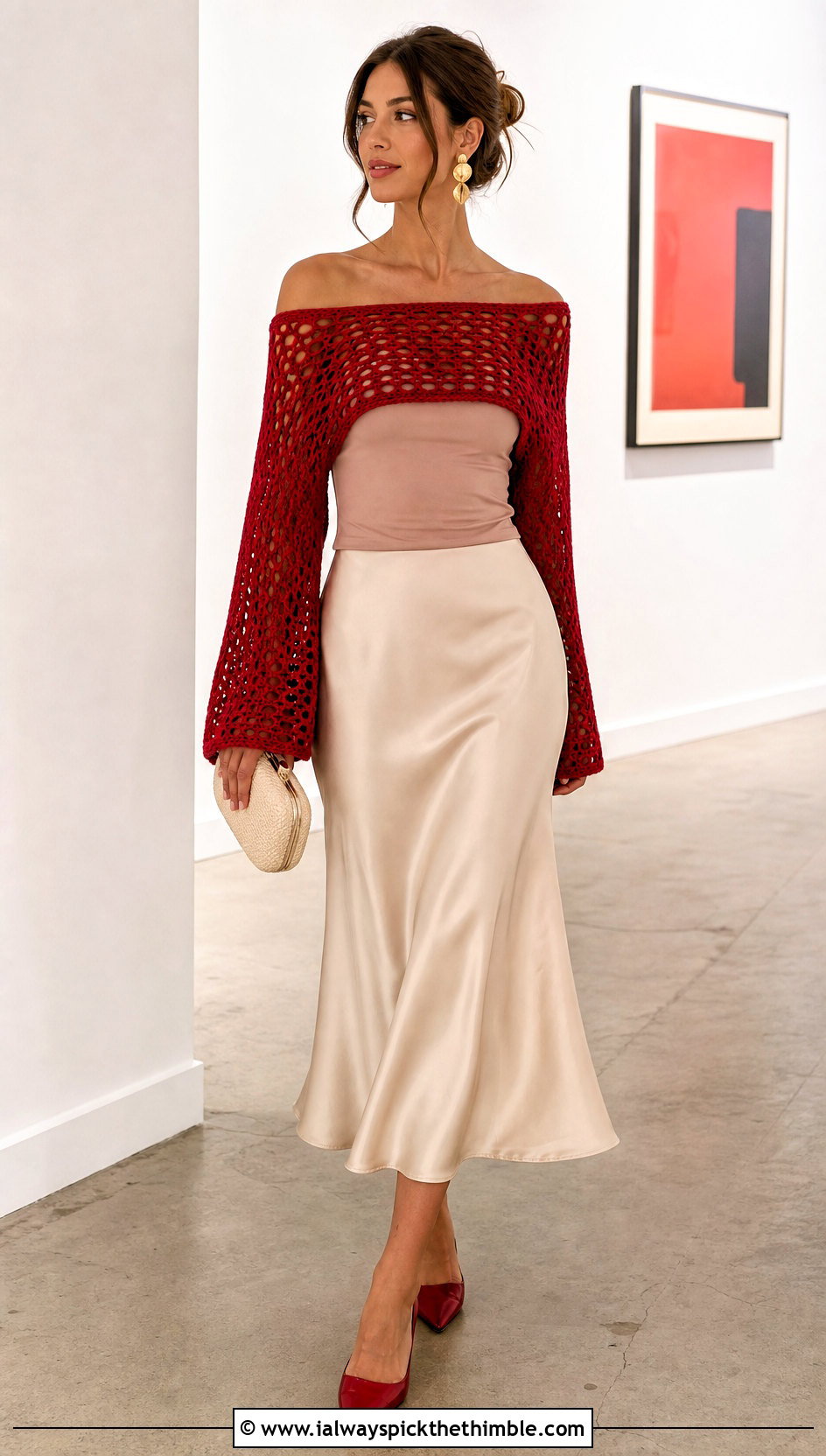 Off Shoulder Crochet Sweater Shrug With Satin Midi Skirt - 20 crochet sweater shrug outfit ideas