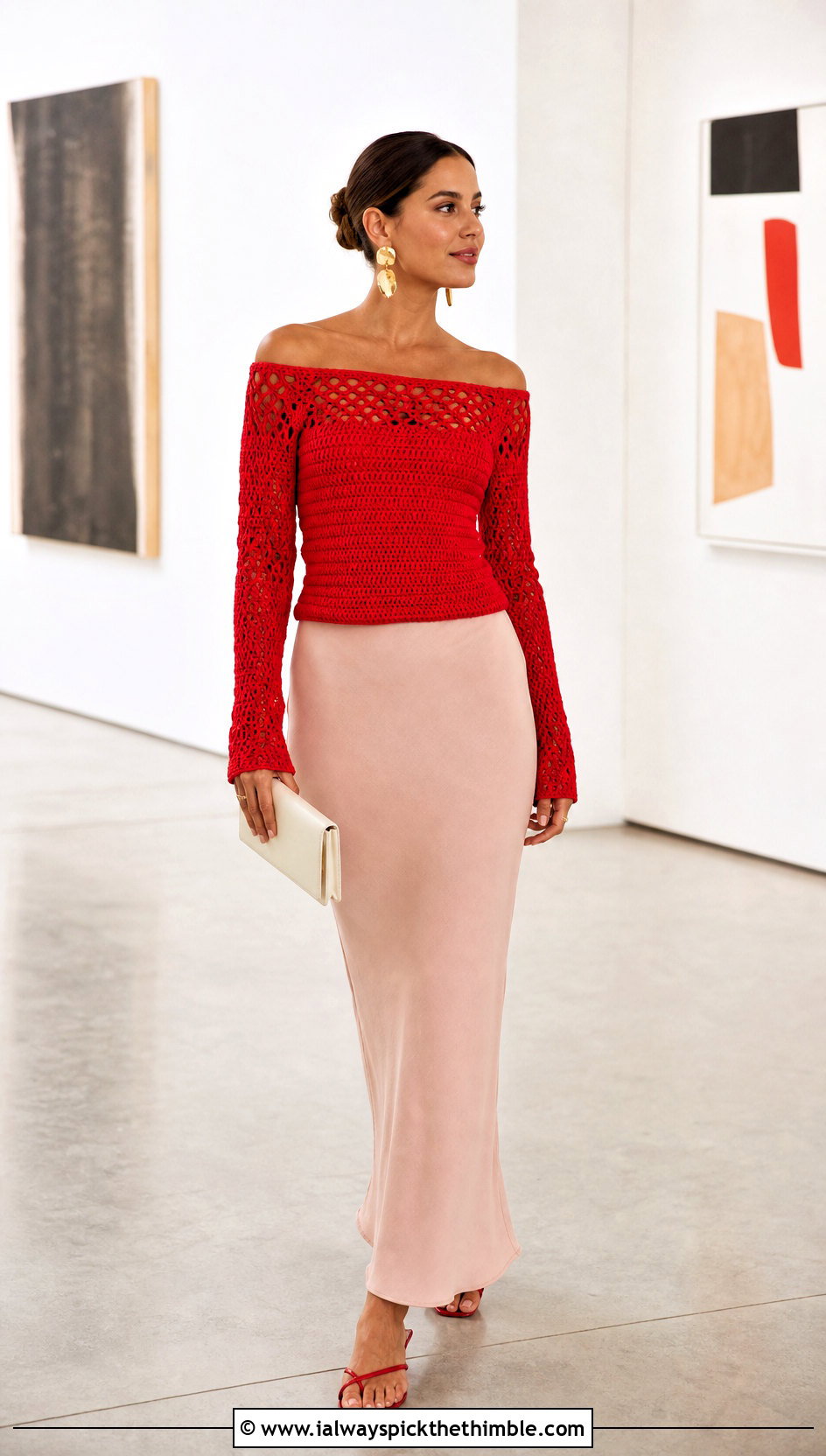 Off Shoulder Crochet Sweater With Column Skirt - 15 Summer Style Crochet Sweater outfit ideas
