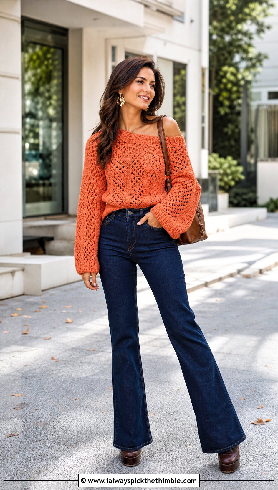 Off Shoulder Crochet Sweater With Flare Jeans - 25 crochet sweater for women outfit ideas