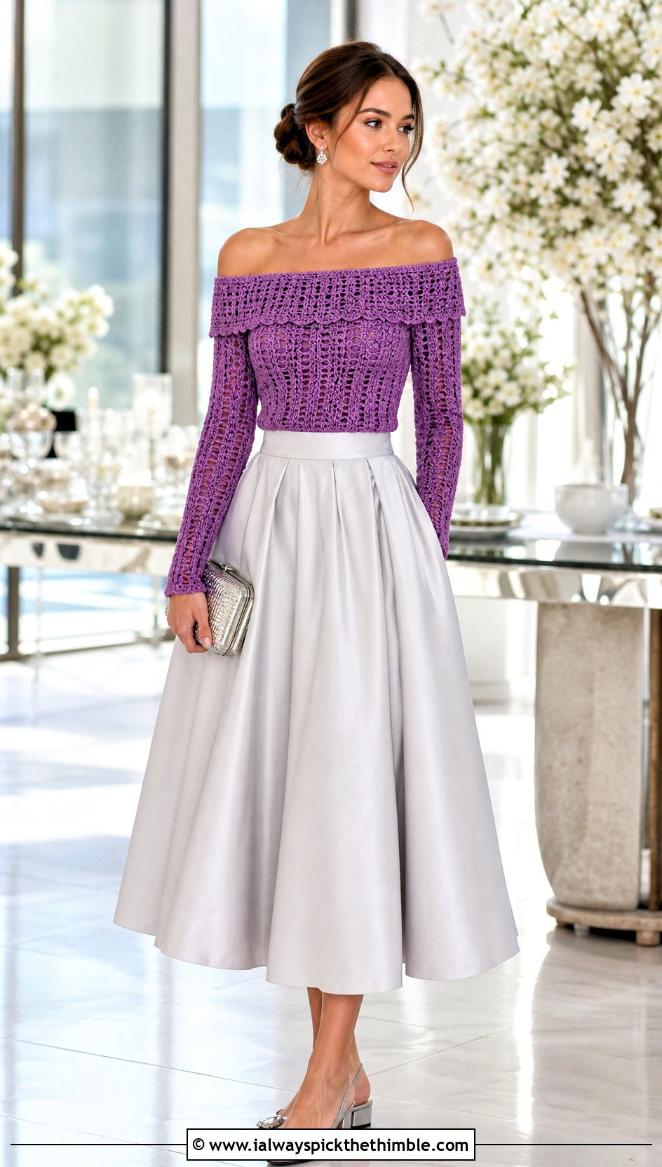 Off Shoulder Crochet Sweater With Full Midi Skirt - 25 easy crochet sweater outfit ideas