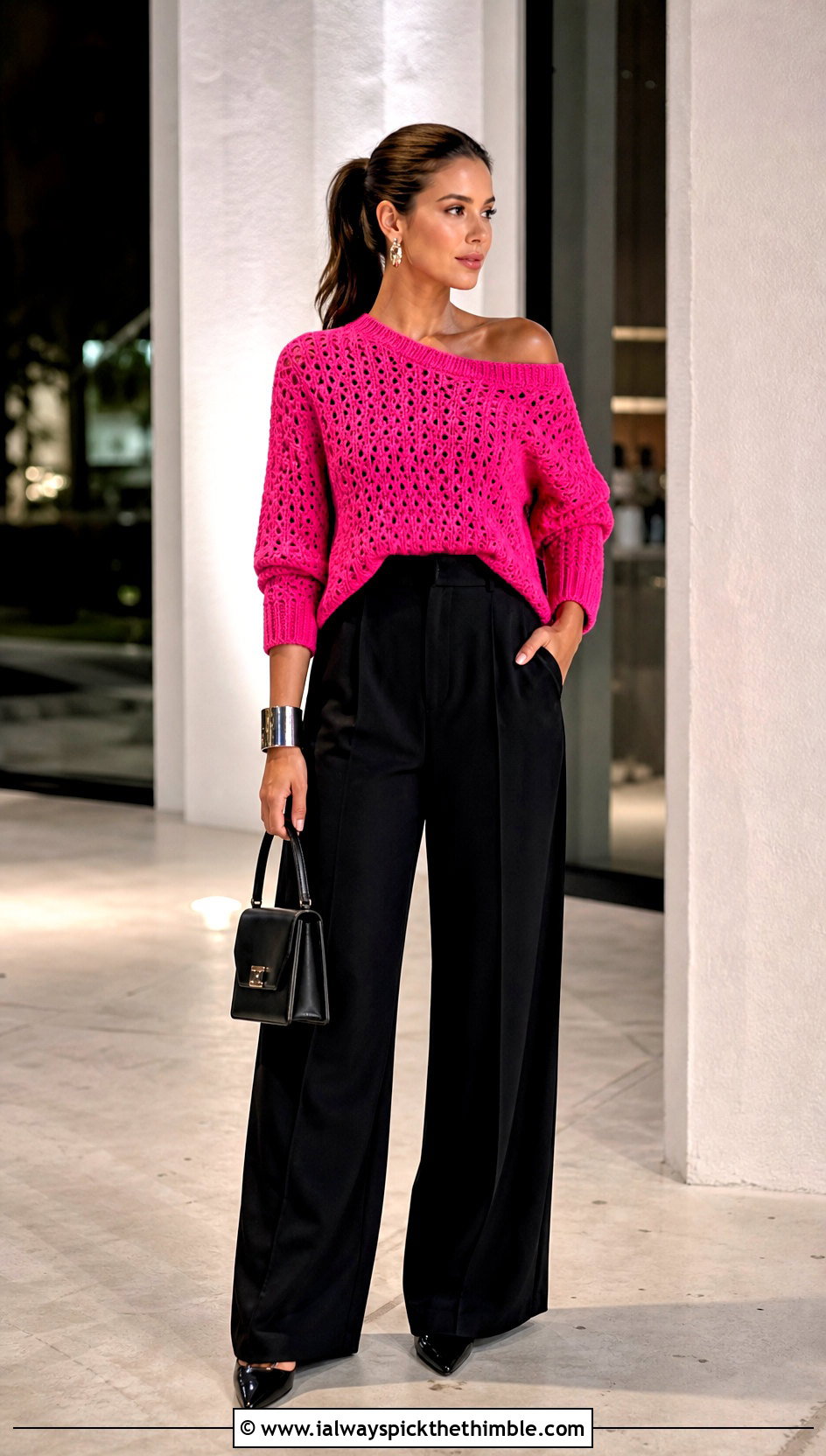 Off Shoulder Crochet Sweater With High Waist Trousers - 25 diy crochet sweater outfit ideas