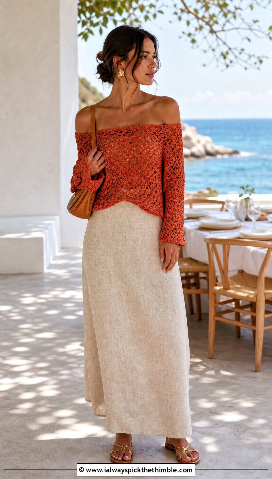 Off Shoulder Crochet Sweater With Linen Maxi Skirt - 25 summer crochet sweater outfit ideas