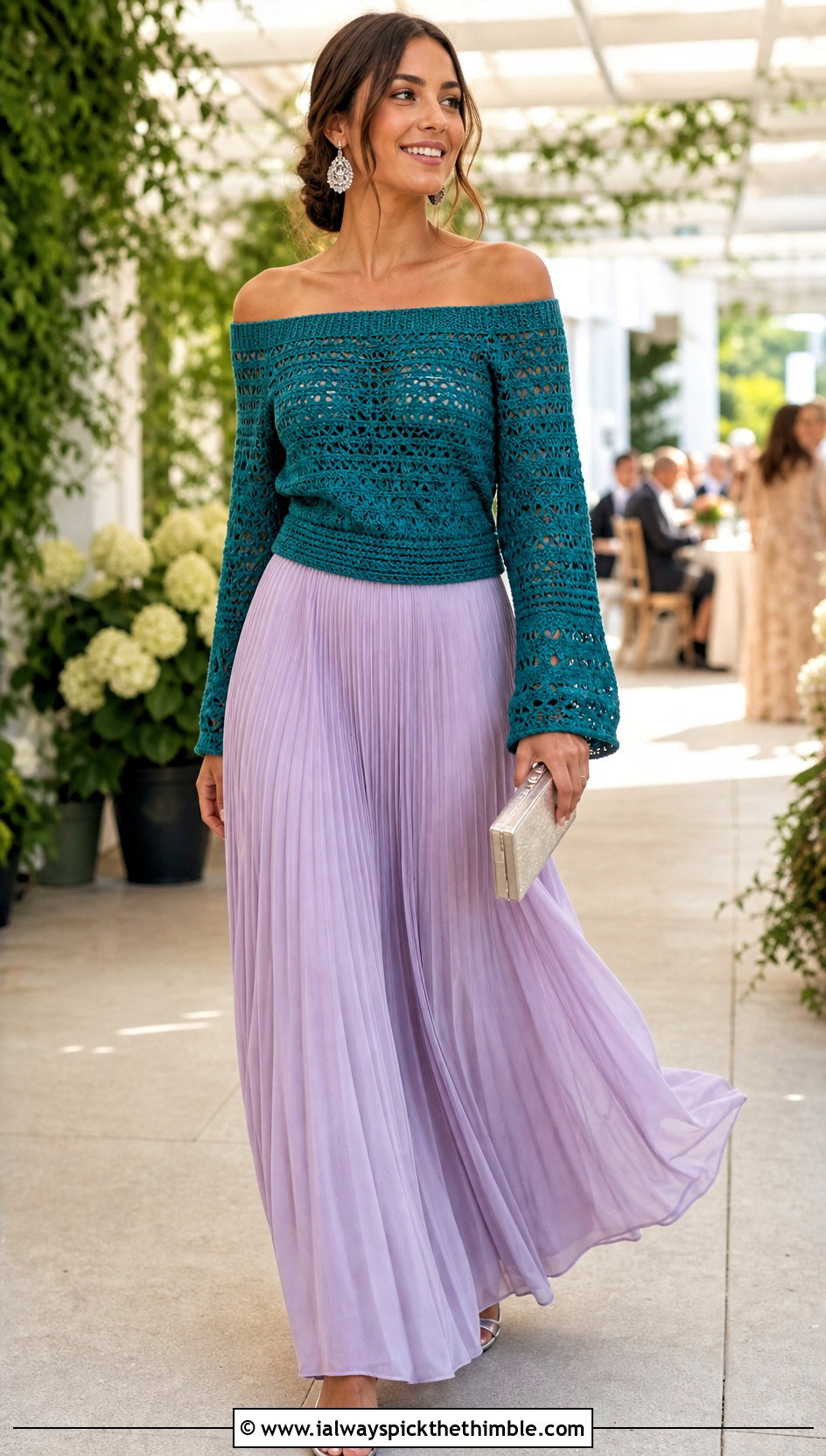 Off Shoulder Crochet Sweater With Maxi Skirt - 25 crochet sweater design for women outfit ideas