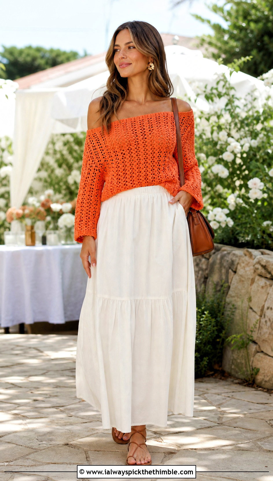 Off Shoulder Crochet Sweater With Maxi Skirt - 20 summer crochet sweaters outfit ideas