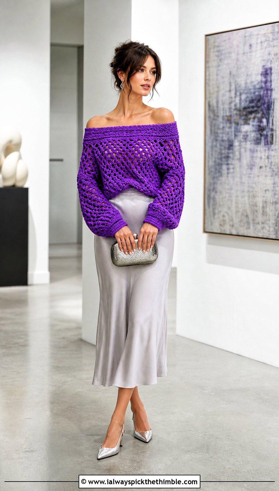 Off Shoulder Crochet Sweater With Satin Midi Skirt - 15 Crochet Wide Neck Sweater outfit ideas