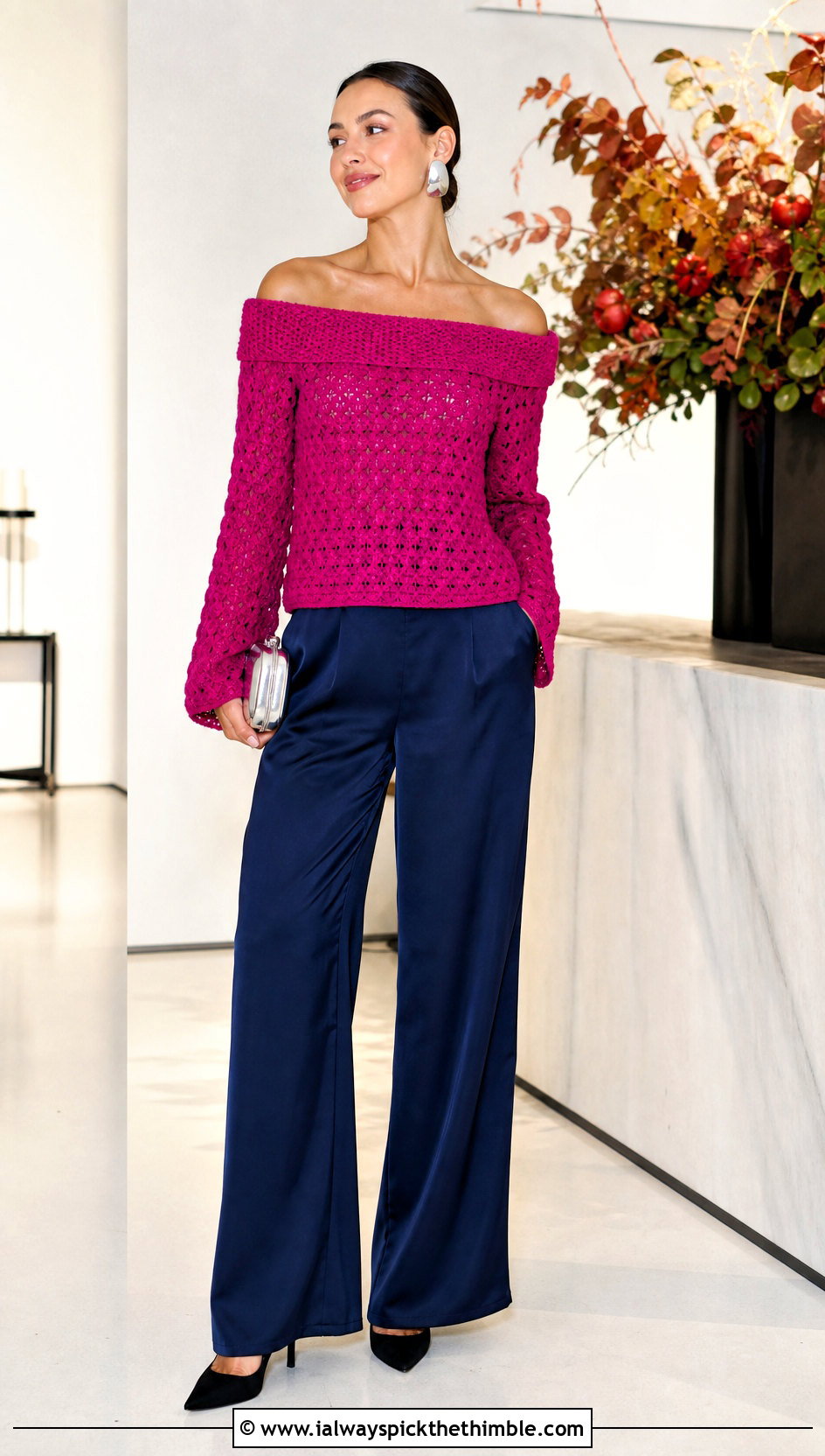 Off Shoulder Crochet Sweater With Satin Wide Leg Pants - 20 Autumn Crochet Sweater outfit ideas