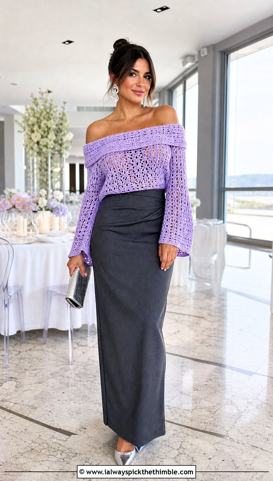 Off Shoulder Crochet Sweater With Tailored Maxi Skirt - 25 cute crochet sweater outfit ideas