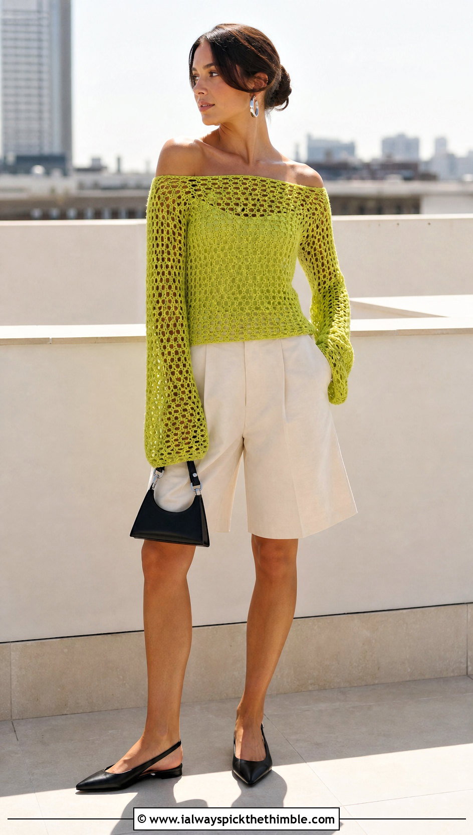 Off Shoulder Crochet Sweater With Tailored Shorts - 25 cute crochet sweaters outfit ideas