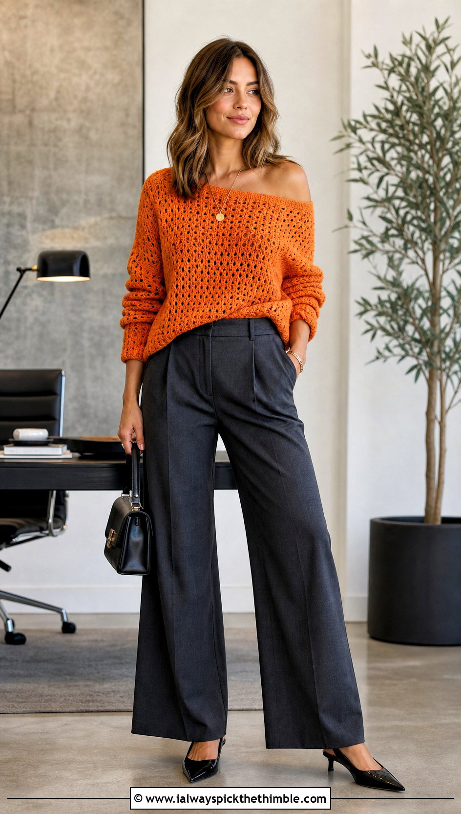Off Shoulder Crochet Sweater With Tailored Trousers - 20 y2k crochet sweater outfit ideas
