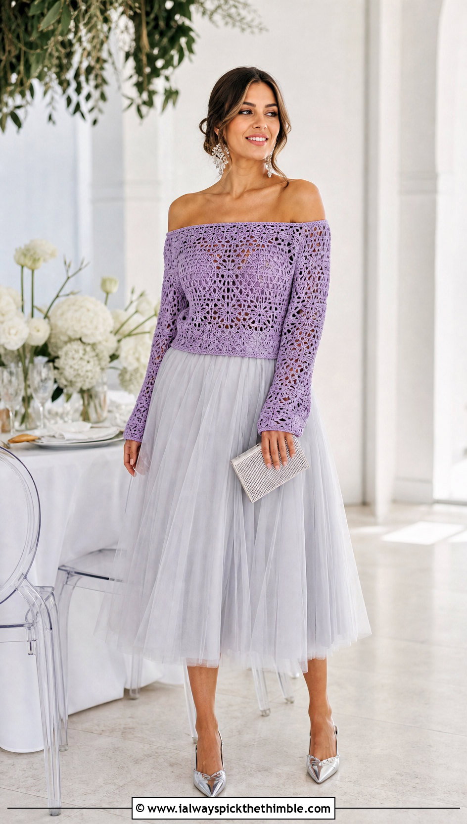 Off Shoulder Crochet Sweater With Tulle Midi Skirt - 20 crochet sweater and skirt outfit ideas