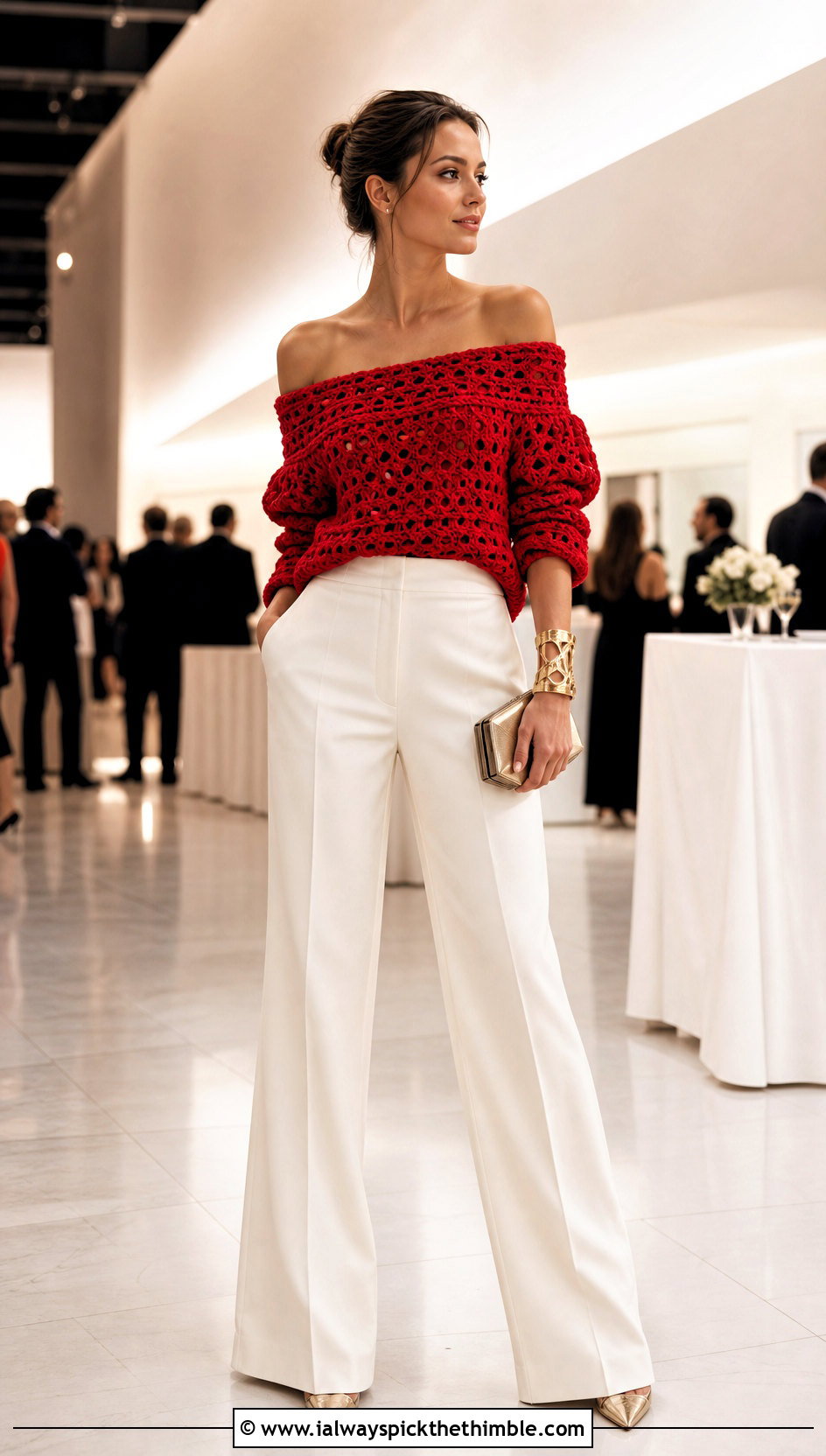 Off Shoulder Crochet Sweater With Wide Leg Pants - 25 crochet sweater outfit ideas