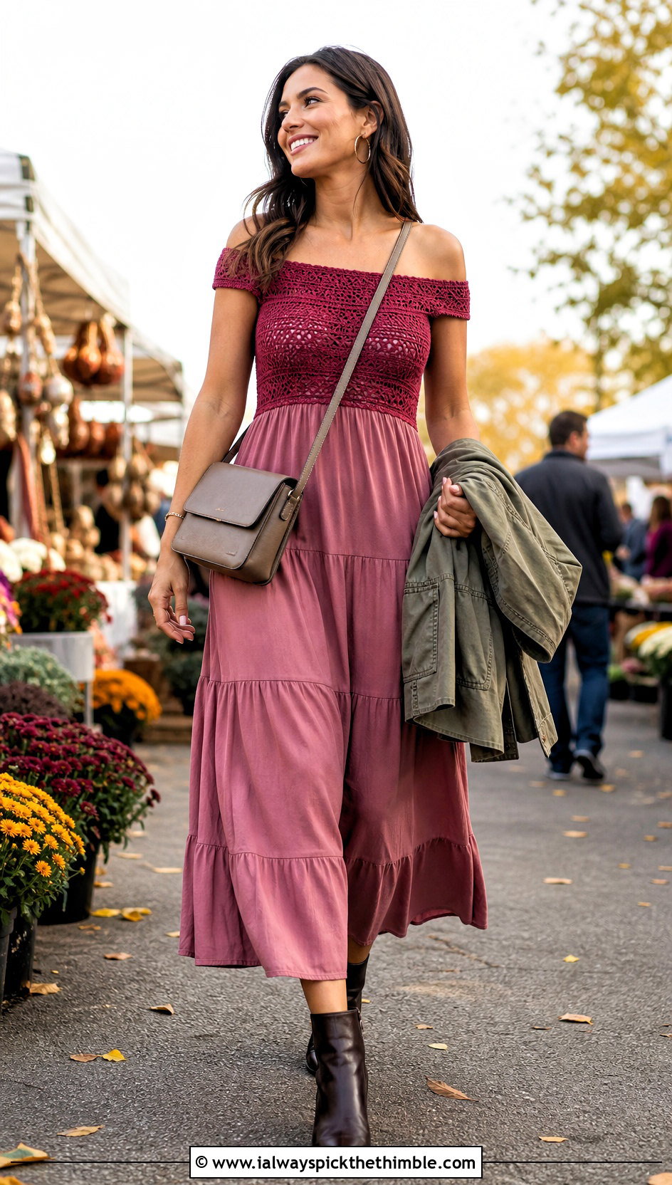 Off Shoulder Crochet Top Tiered Dress With Ankle Boots - 20 Crochet Top Dress outfit ideas