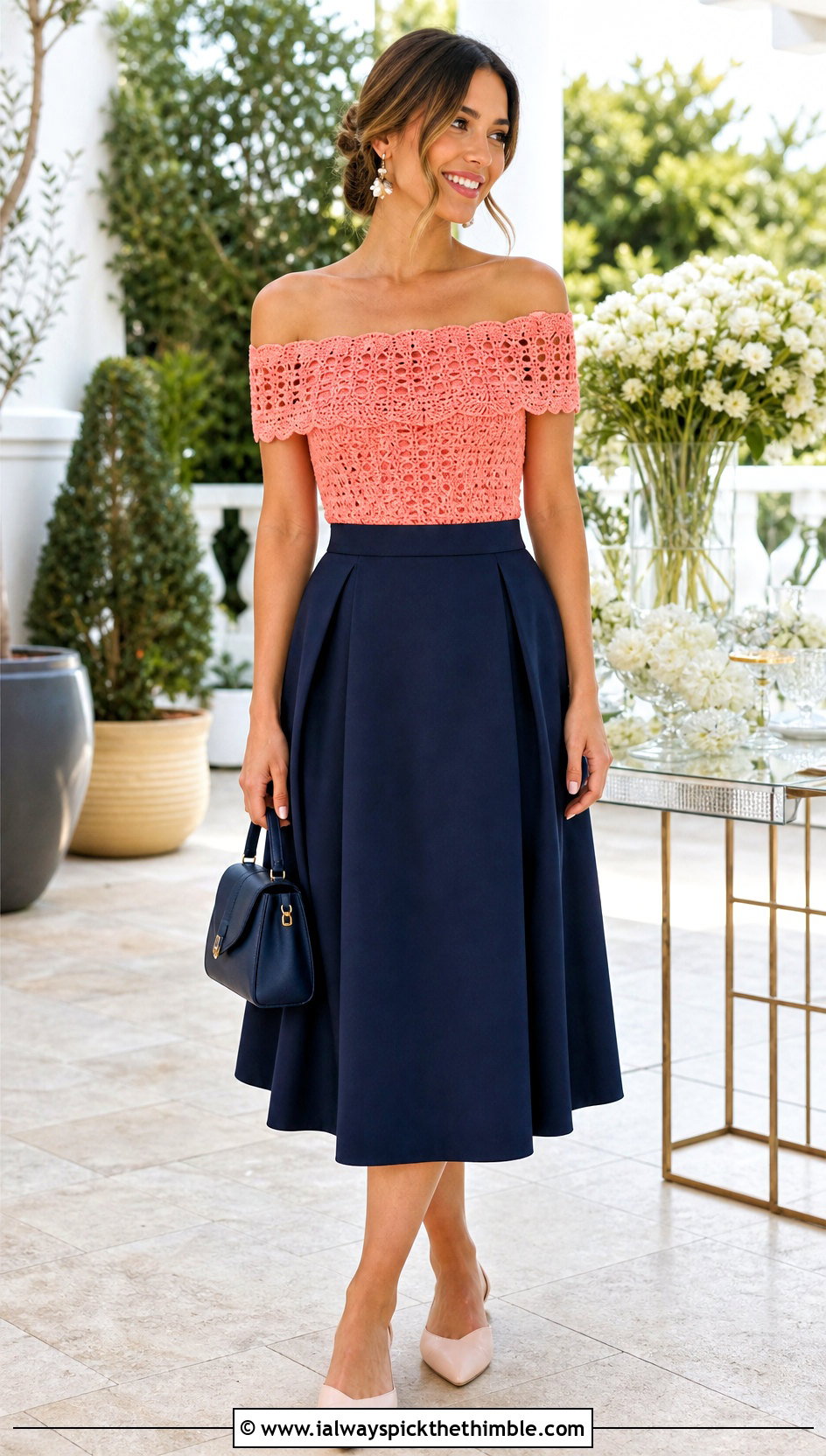 Off Shoulder Crochet Top With A Line Skirt - 25 crochet thread top outfit ideas