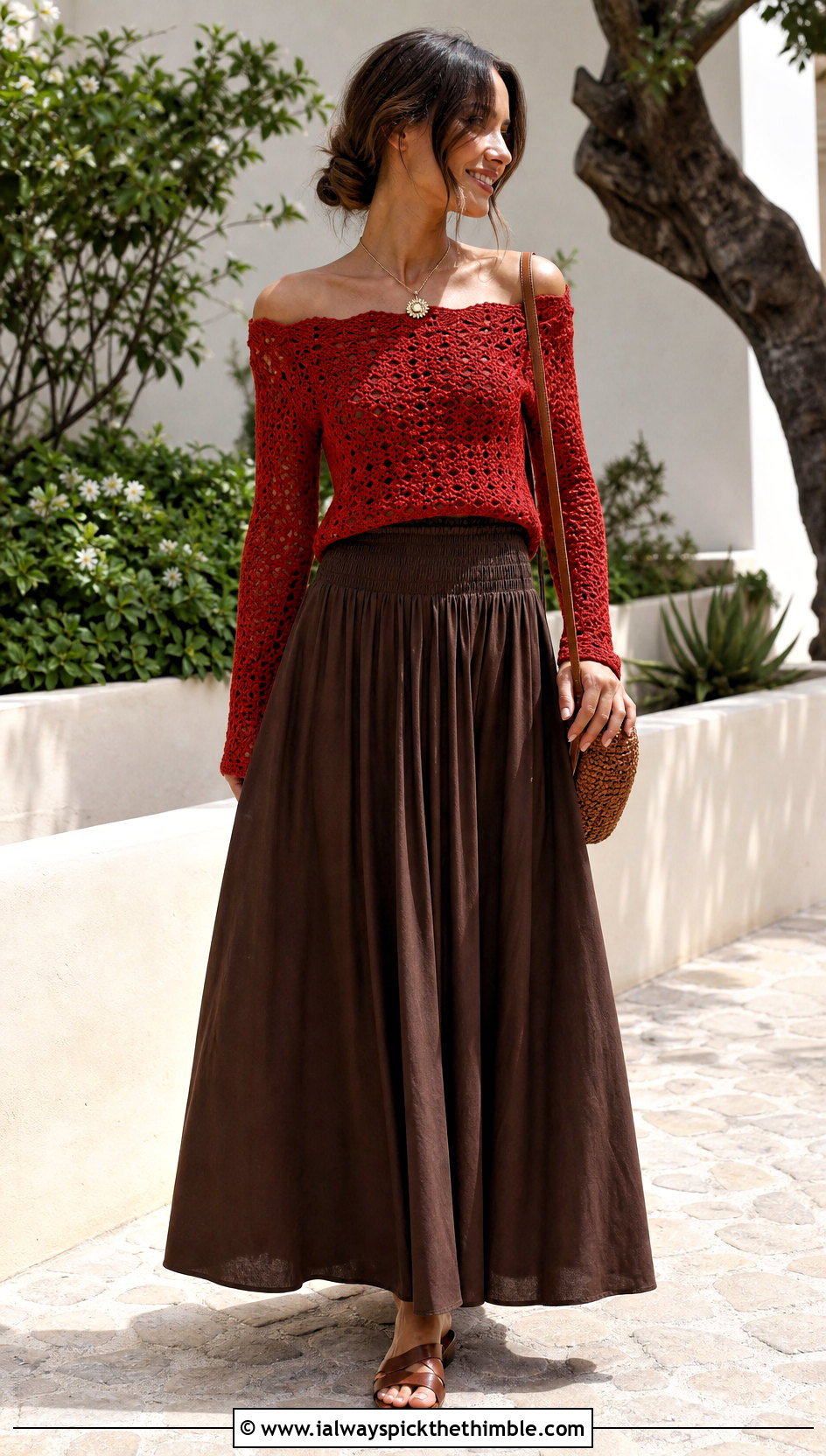 Off Shoulder Crochet Top With A Maxi Skirt - 20 aesthetic long sleeve crochet tops outfit ideas