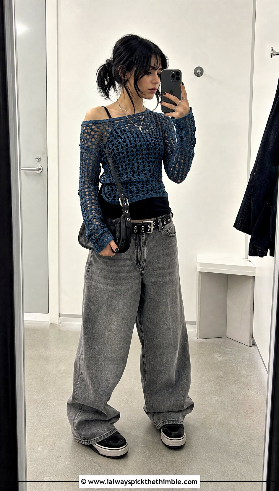 Off Shoulder Crochet Top With Baggy Denim - 20 emo crochet top outfit ideas