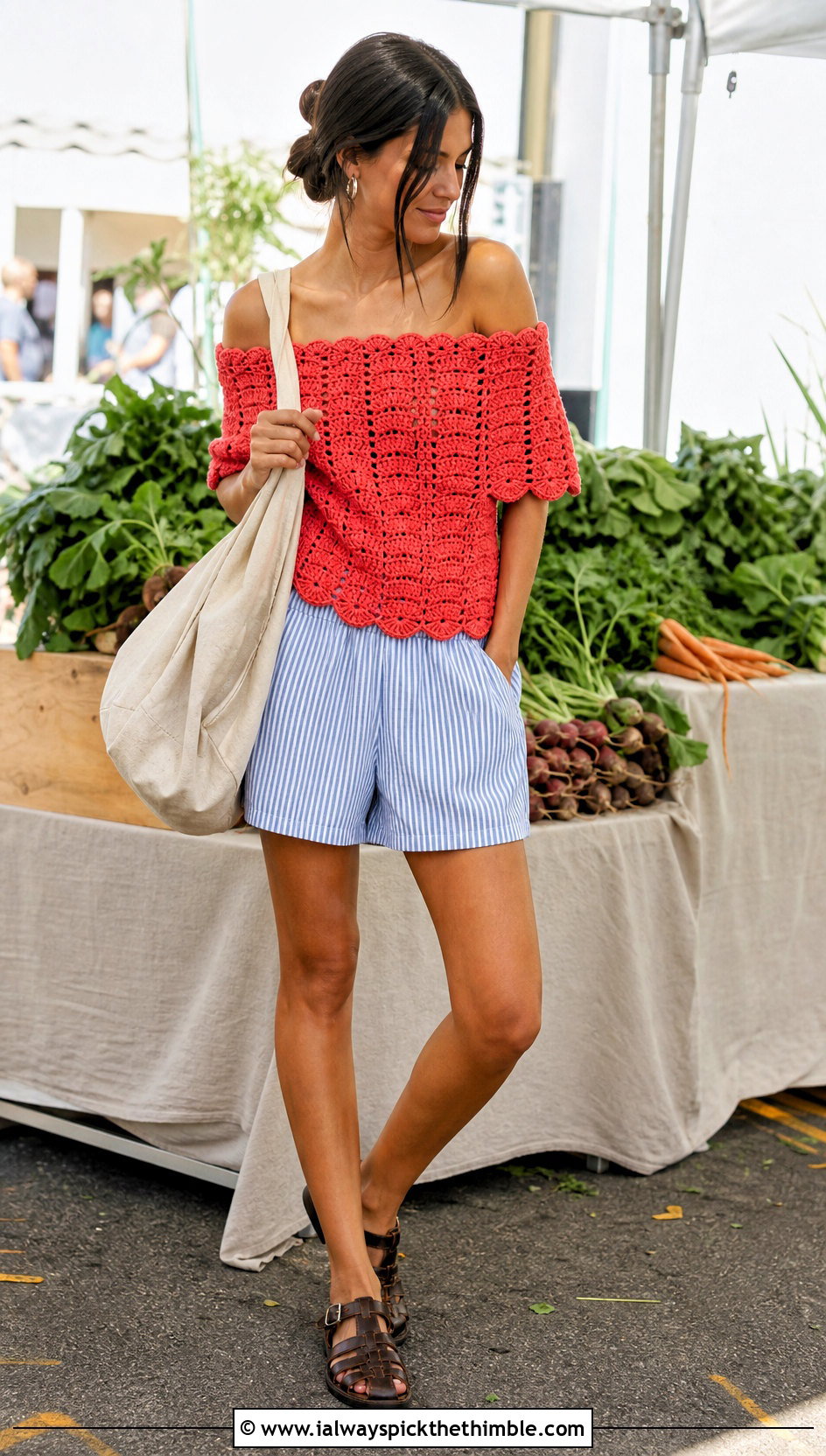 Off Shoulder Crochet Top With Boxer Shorts - 25 aesthetic crochet summer tops outfit ideas