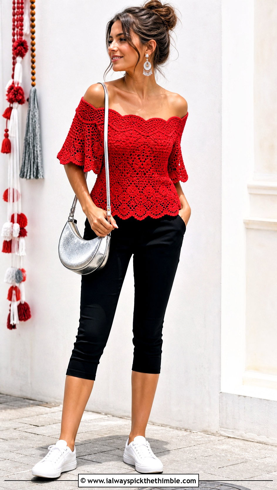 Off Shoulder Crochet Top With Capri Pants - 25 Crochet Top Festival Outfit ideas