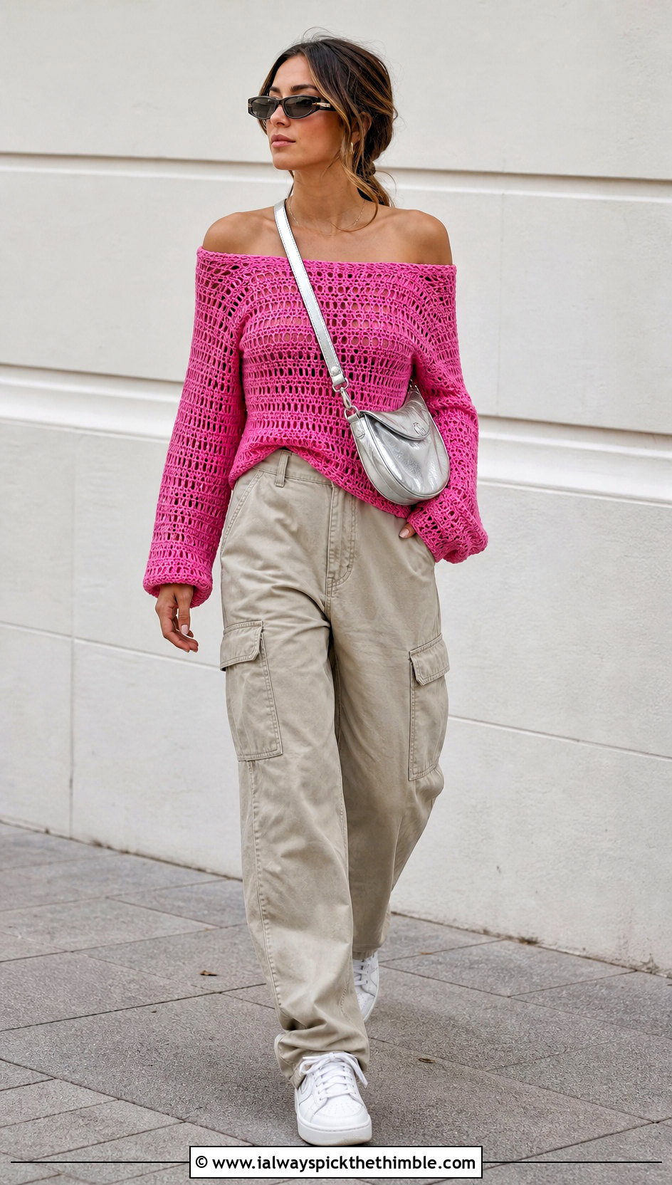 Off Shoulder Crochet Top With Cargo Pants - 20 crochet assymetrical top outfit ideas